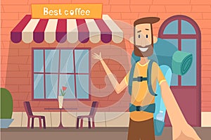 Video blogger character. Young man teaching entertainment online education product review blogging vector concept