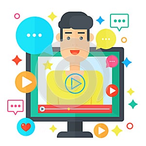 Video blogger concept. Computer screen with man blogger. Personal channel broadcasting flat vector illustration.