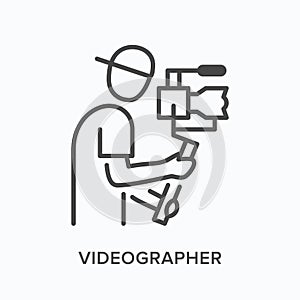 Video blogger flat line icon. Vector outline illustration of camera man, videographer holding steadicam. Photographer