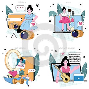 Video blogger online service or platform set. Viral content in the internet. photo