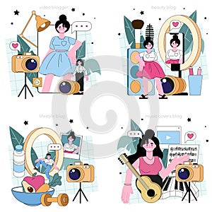 Video blogger set. Character share viral content in the internet. Social media photo