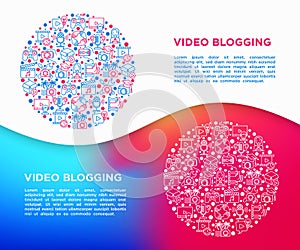 Video blogging concept in circle with thin line icons: vlog, ASMR, mukbang, unboxing, DIY, stream game, review, collaboration,