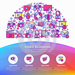 Video blogging concept in half circle with thin line icons: vlog, ASMR, mukbang, unboxing, DIY, stream game, review, collaboration