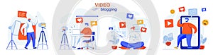 Video blogging concept set. Bloggers recording videos