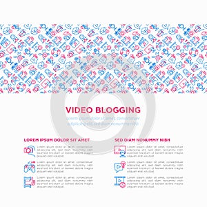 Video blogging concept with thin line icons: vlog, ASMR, mukbang, unboxing, DIY, stream game, review, collaboration, podcast, tips