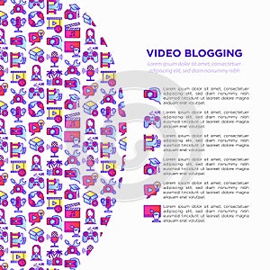 Video blogging concept with thin line icons: vlog, ASMR, mukbang, unboxing, DIY, stream game, review, collaboration, podcast, tips