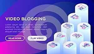 Video blogging concept with thin line isometric icons: vlog, ASMR, mukbang, DIY, stream game, review, collaboration, podcast, tips