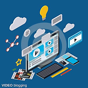 Video blogging flat 3d isometric vector concept