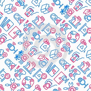 Video blogging seamless pattern with thin line icons: vlog, ASMR, mukbang, unboxing, DIY, stream game, review, collaboration,