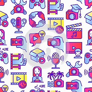 Video blogging seamless pattern with thin line icons: vlog, ASMR, mukbang, unboxing, DIY, stream game, review, collaboration,