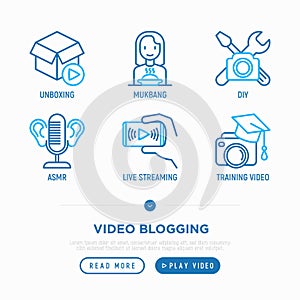 Video blogging thin line icons set: vlog, ASMR, mukbang, unboxing, DIY, training. Vector illustration