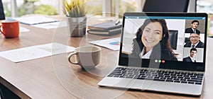 Video call business people meeting on virtual workplace or remote office