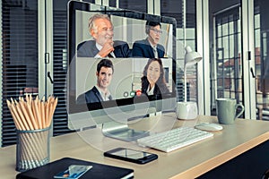 Video call business people meeting on virtual workplace or remote office