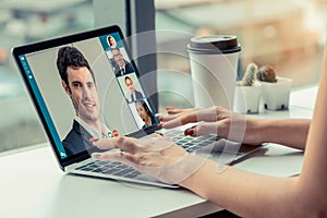 Video call business people meeting on virtual workplace or remote office