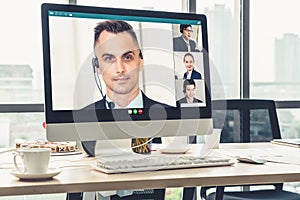 Video call business people meeting on virtual workplace or remote office