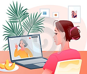 Video call, cartoon happy woman character making videocall chat conference with grandmother
