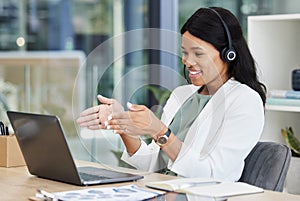 Video call center of black woman, agent or consultant in office online meeting, virtual communication or telecom on
