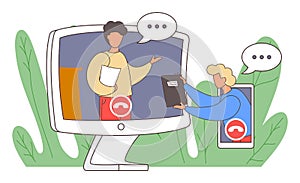 Video call chat conference flat infographic concept vector. Two men speaking over web camera