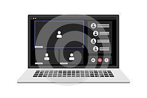 Video call with chat on screen laptop. Online webinar, meeting