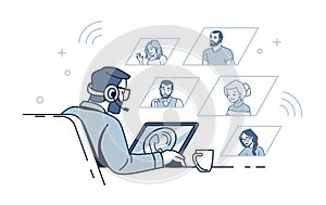 Video call concept. People communicate distantly. Man sitting at table with laptop. Online conference or webinar. Male