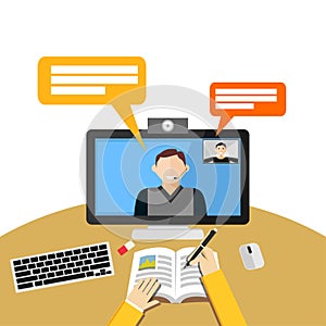 Video call or conference on computer. Web binar or web tutorial concept photo