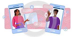 Video call and conference vector illustration with smartphone screens, multinational man and woman.