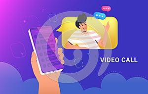 Video call conversation or chat. Human hand holds a smartphone with a speech bubble and talking friend