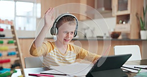 Video call, e learning and child, questions and audio technology in online class and home education. Virtual school