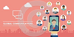 Video call / Global communiation through mobile phone banner illustration