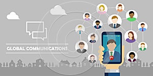 Video call / Global communiation through mobile phone banner illustration