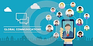 Video call / Global communiation through mobile phone banner illustration