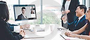 Video call group business people meeting on virtual workplace or remote office