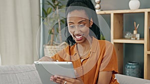 Video call, hello and tablet with black woman talking online conversation, communication and greeting on her sofa in her