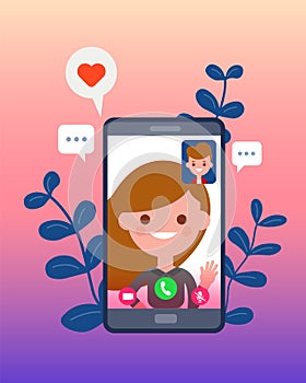 video call with his girlfriend or wife using smartphone. long distance relationship. flat design cartoon characters