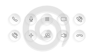 Video call icon set. Communication symbol. Phone, sound, microphone, camera, call symbols.