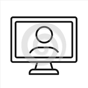 Video call icon. Video chatting on computer PC monitor screen outline icon. Editable stroke. Vector illustration symbol