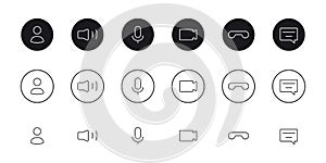Video call icons set.Video conference.Video call icon set simple design.Phone, sound, microphone, camera, call symbols.