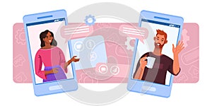 Video call illustration with multinational couple, smartphone screens.