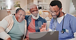 Video call, laptop and doctor with senior couple on sofa in living room for telehealth. Healthcare, computer and African