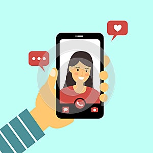 Video call with love one concept vector illustration. Man hand holding smartphone with girlfriend on screen.