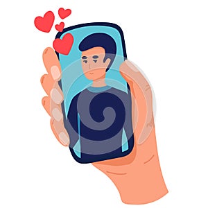 Video call with loved one. Female hand holding smartphone. boyfriend on screen. long distance relationship concept. Flat