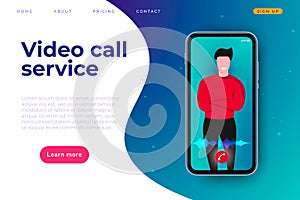 Video call online service web page header template. man on the smartphone screen and call end button
