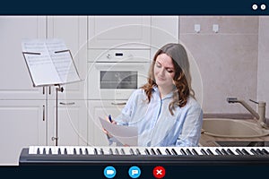 Video call screen for an online conference of musicians and composers. Meeting via the app interface on your computer and phone