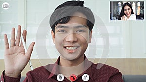 Video call screen shot the faces of Asian colleagues or partners meeting remotely with video conferences, greetings and meetings