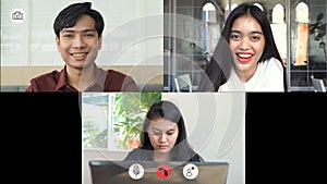 Video call screen shot the faces of Asian colleagues or partners meeting remotely with video conferences, greetings and meetings