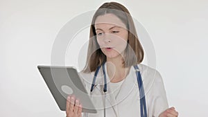 Video Call on Tablet by Female Doctor on White Background