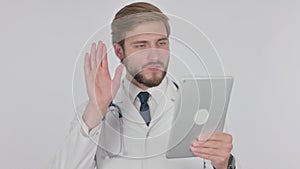 Video Call on Tablet by Young Doctor on White Background