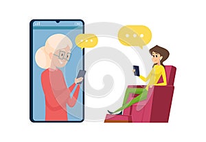 Video call to parents. Daughter and mother talking phone. Happy grandmother and granddaughter, elderly woman with