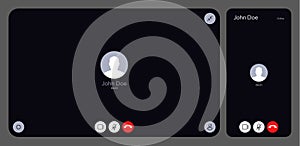 Video call UI. Online meeting chat conversation interface, web conference app with video call and voice call. Vector