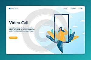 Video Call vector Illustration for landing page. Videoconferencing and online meeting workspace vector page.